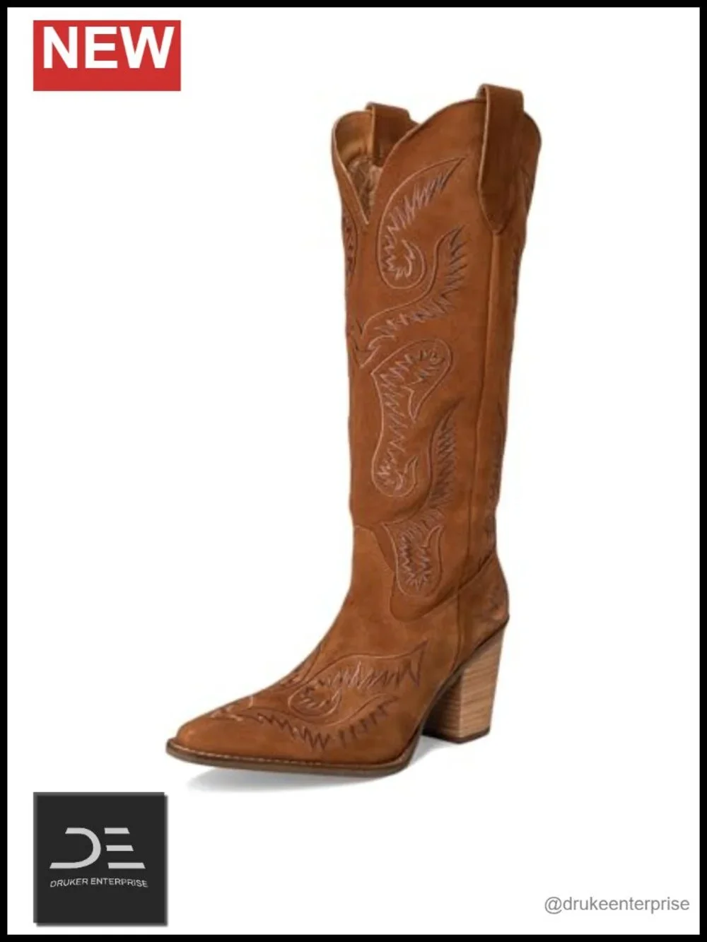 Suede Snip Toe Western Embroidered Over the Knee Boots Mid Block Heel Pull-On